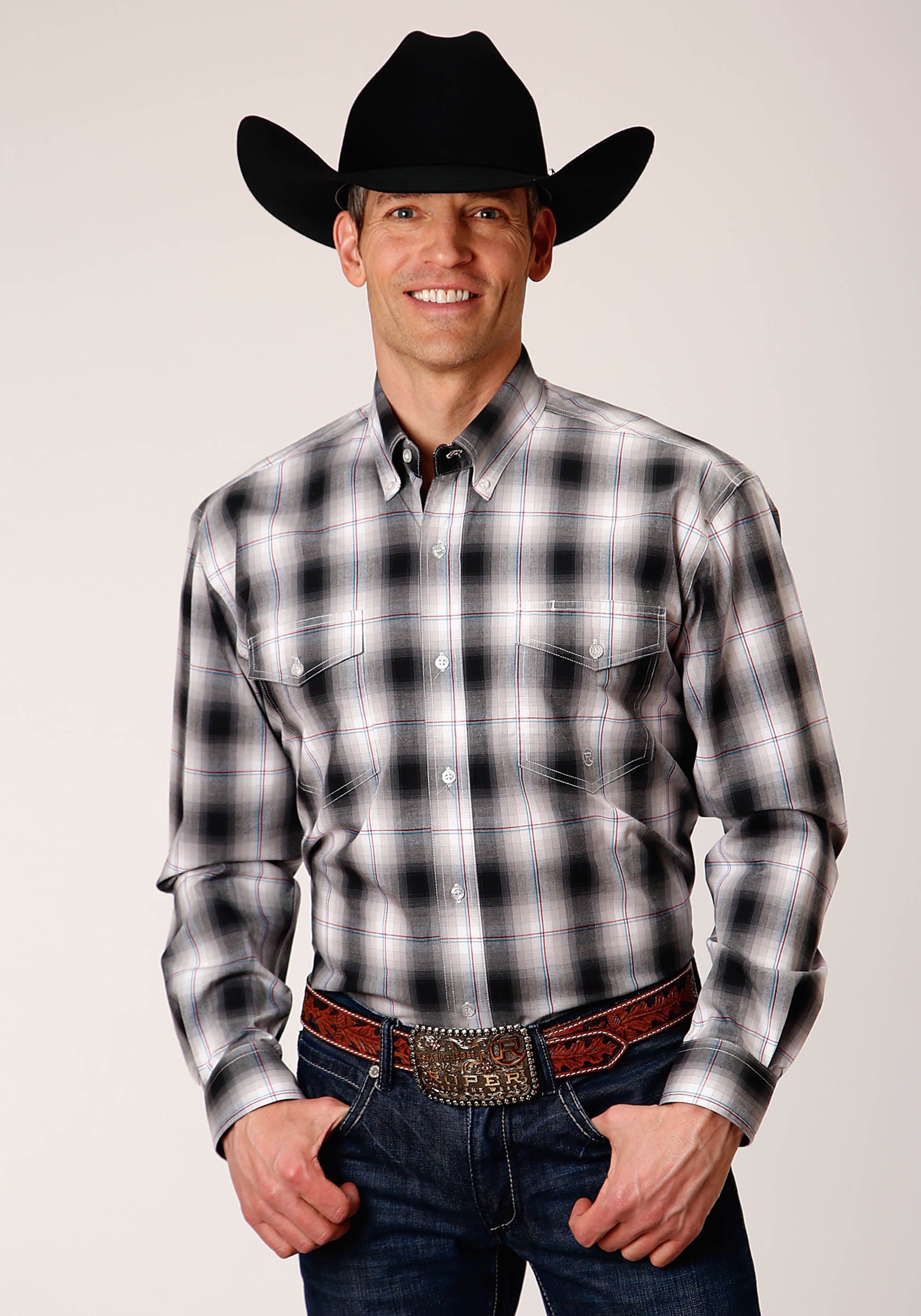 Roper Mens Long Sleeve Button Black Hills Plaid Western Shirt