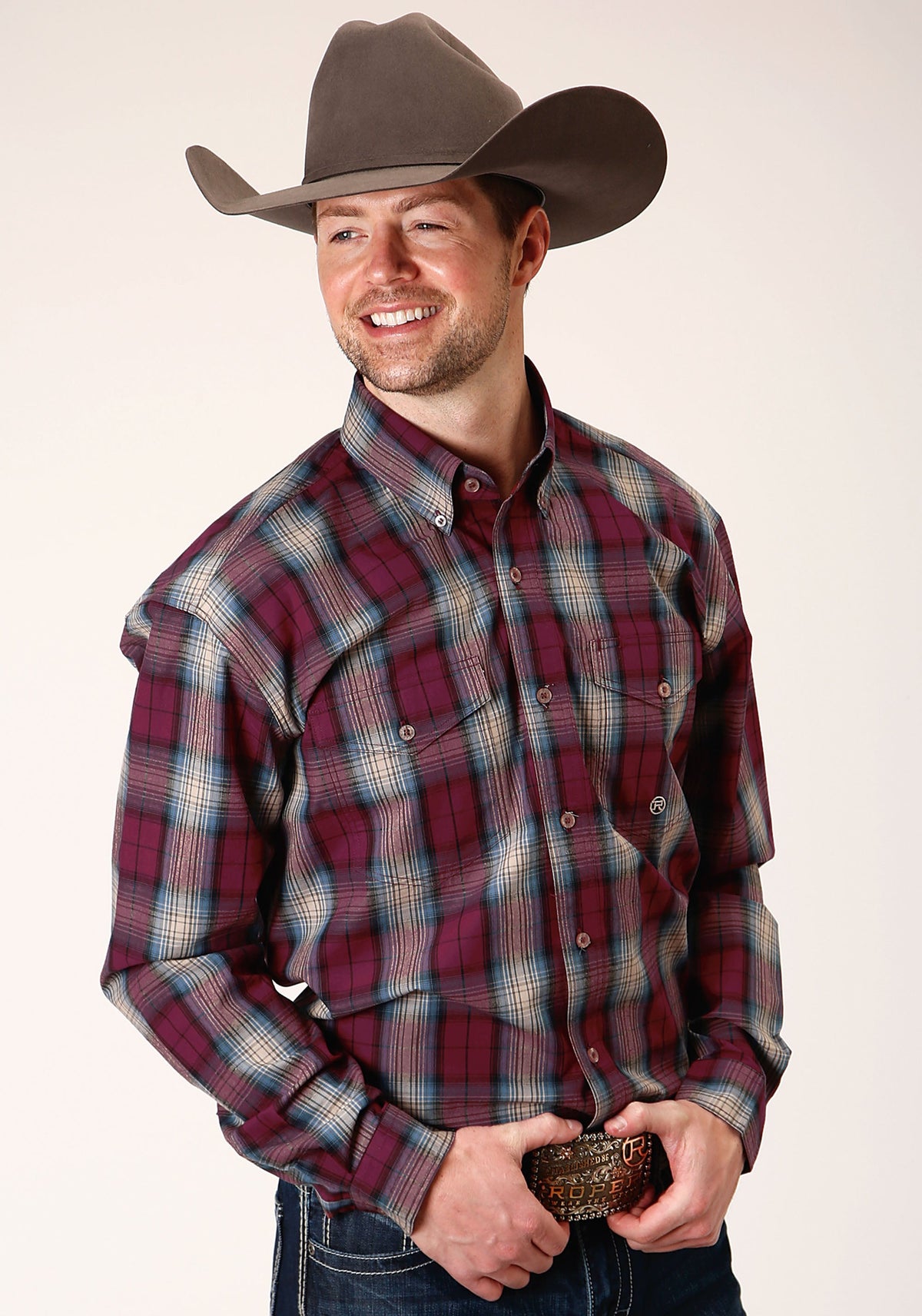 Roper Mens Long Sleeve Button Wine Plaid Western Shirt