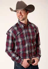 Roper Mens Long Sleeve Button Wine Plaid Western Shirt