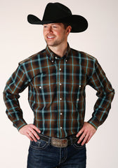 Roper Mens Long Sleeve Button Dark Chocolate Plaid Western Shirt