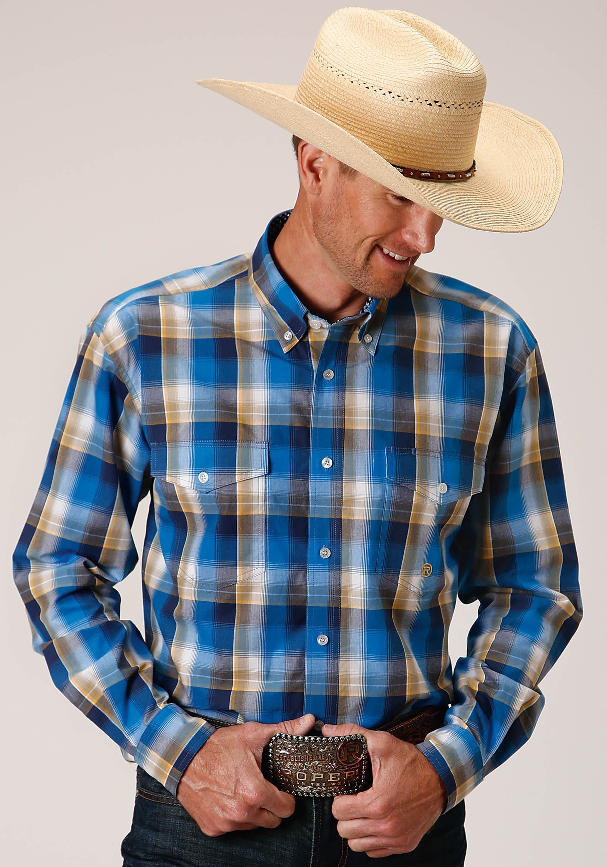 Roper Mens Long Sleeve Button Clear Sky Plaid Western Shirt