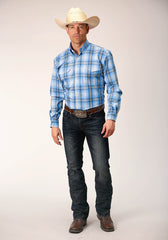 Roper Mens Long Sleeve Button Cornflower Plaid Western Shirt - Flyclothing LLC