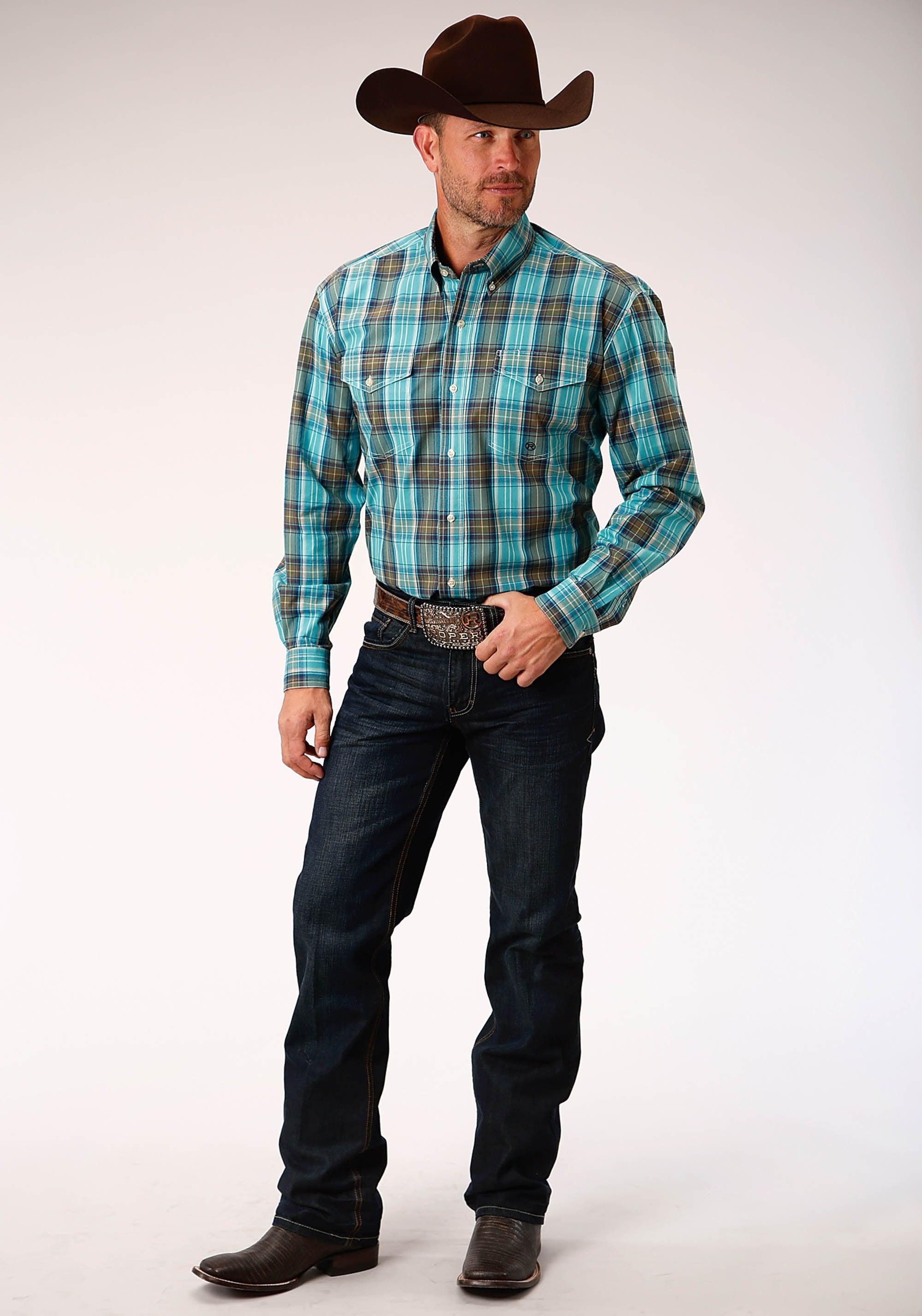 ROPER MENS TURQUOISE BROWN AND WHITE PLAID LONG SLEEVE BUTTON WESTERN SHIRT - Flyclothing LLC