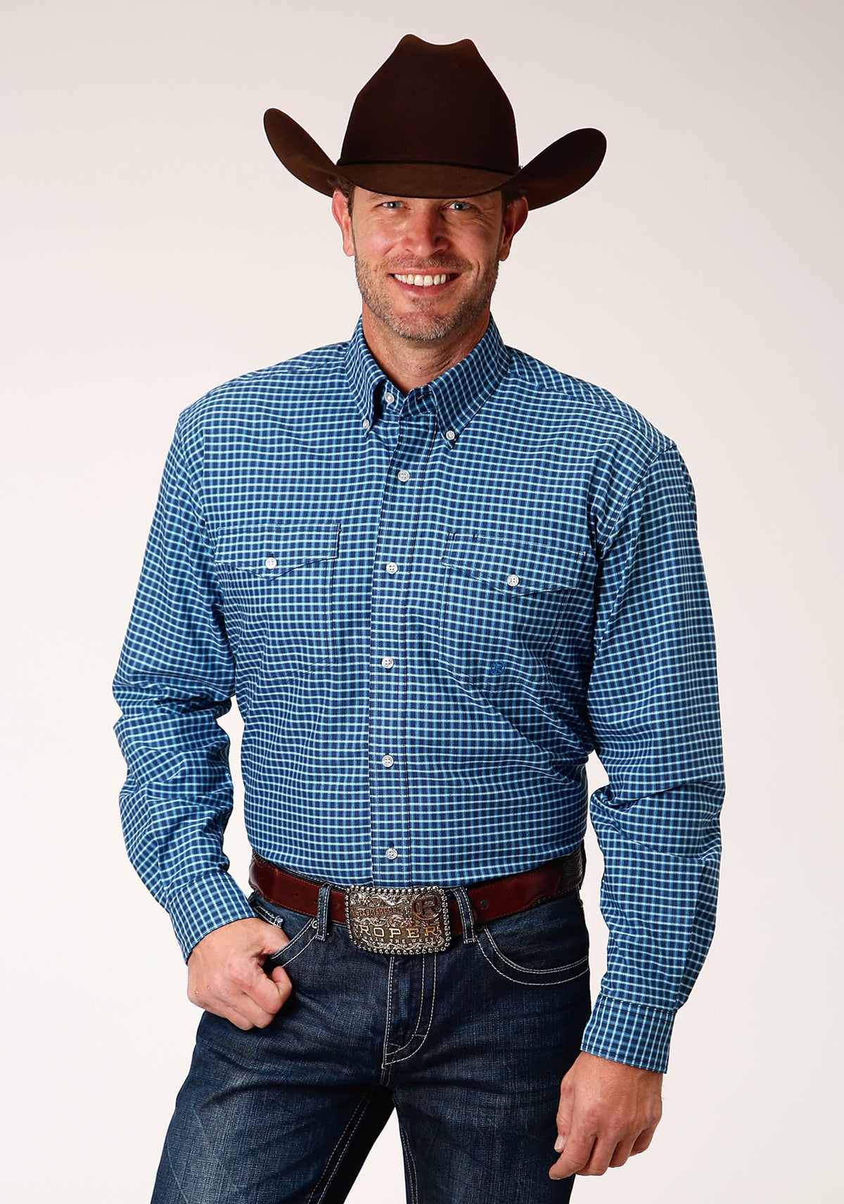 Roper Mens Long Sleeve Button Blue Oxford Check Western Shirt