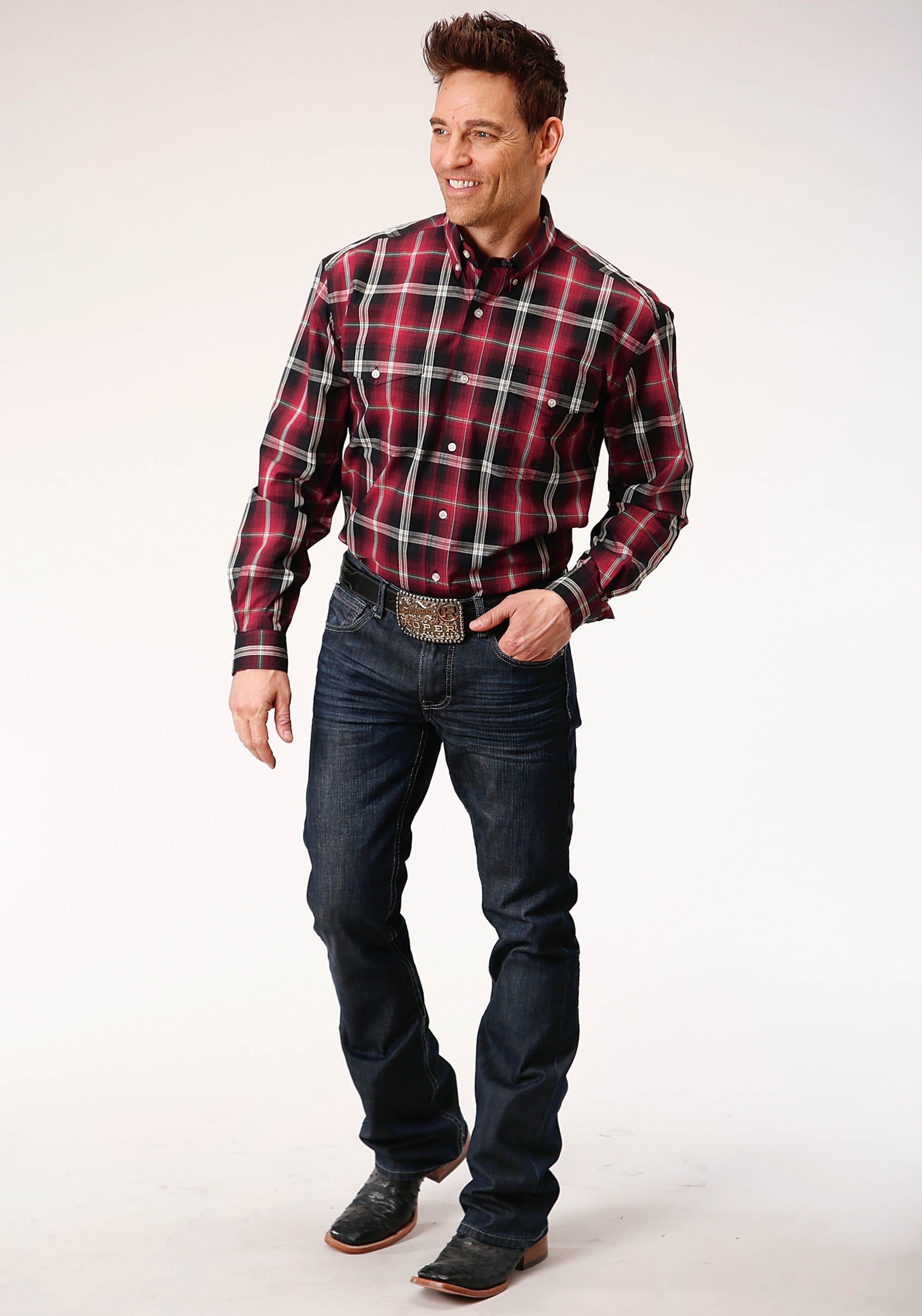 Roper Mens Long Sleeve Button Saddle Plaid Western Shirt - Flyclothing LLC