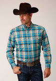 Roper Mens Long Sleeve Button Sandy Turquoise Plaid Western Shirt