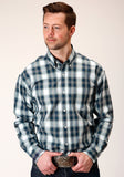 Roper Mens Long Sleeve Button Blue West Plaid Western Shirt