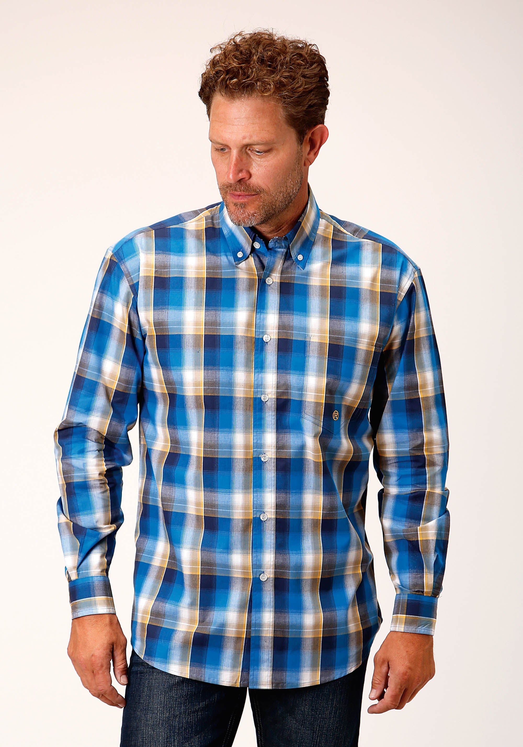 Roper Mens Long Sleeve Button Clear Sky Plaid Western Shirt