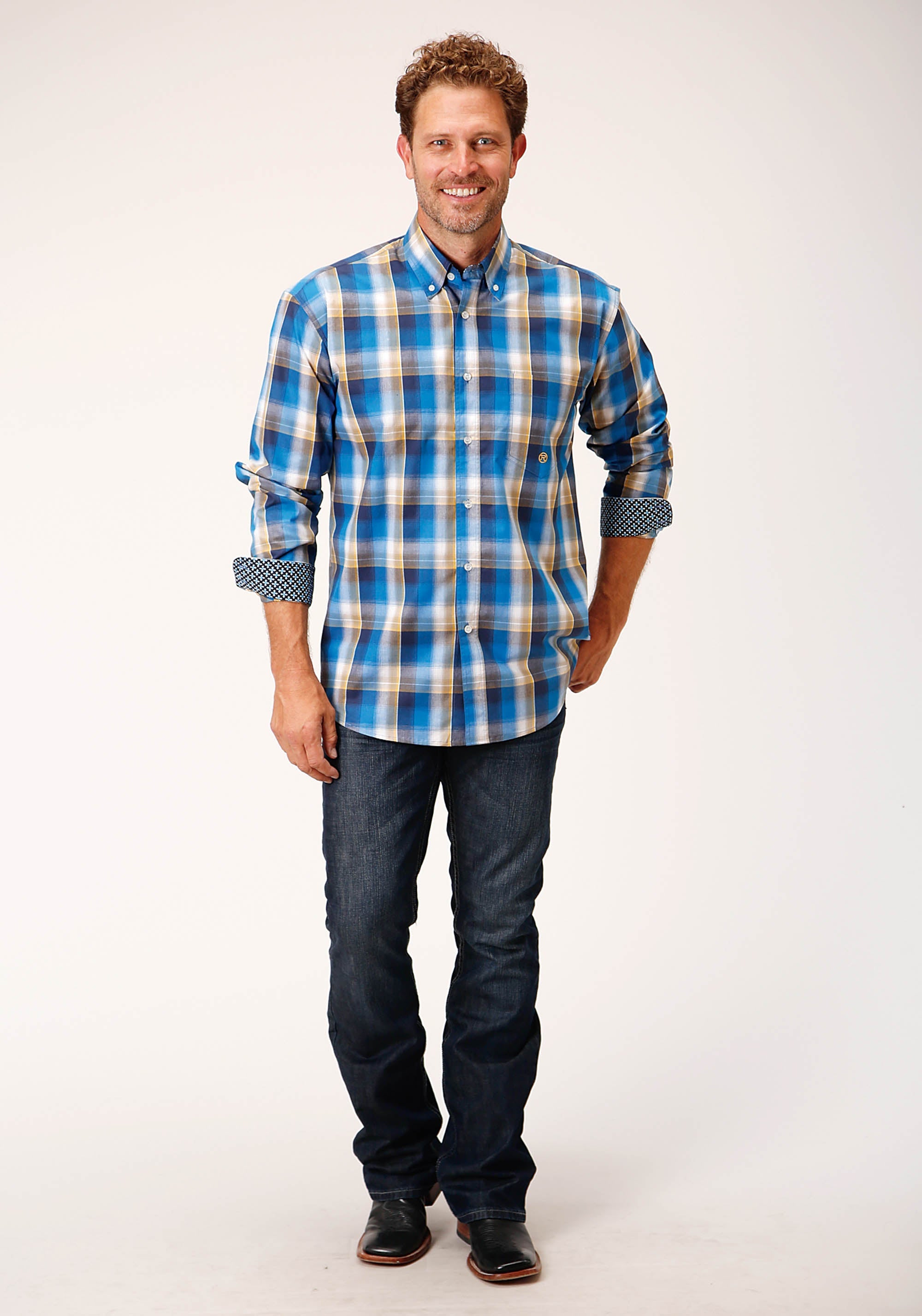 Roper Mens Long Sleeve Button Clear Sky Plaid Western Shirt - Flyclothing LLC