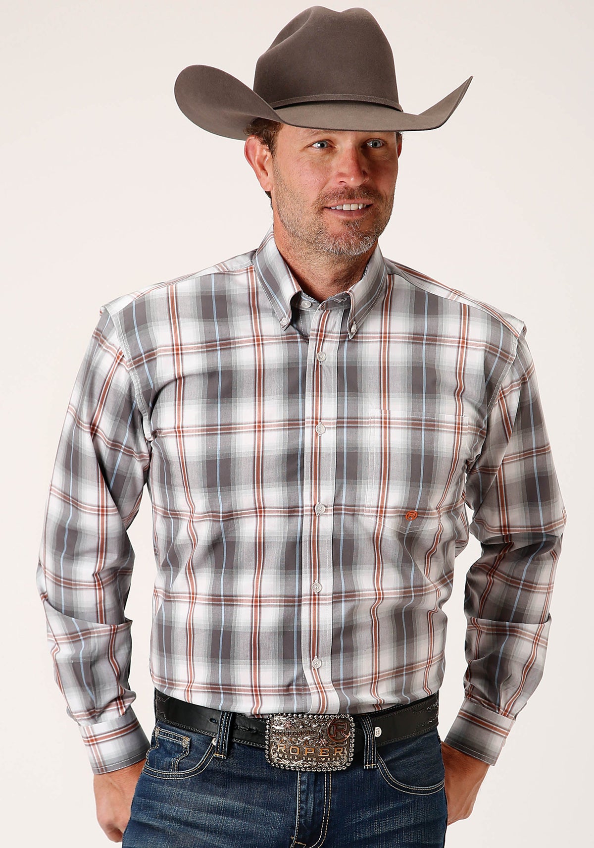 Roper Mens Long Sleeve Button Smokey Plaid Western Shirt