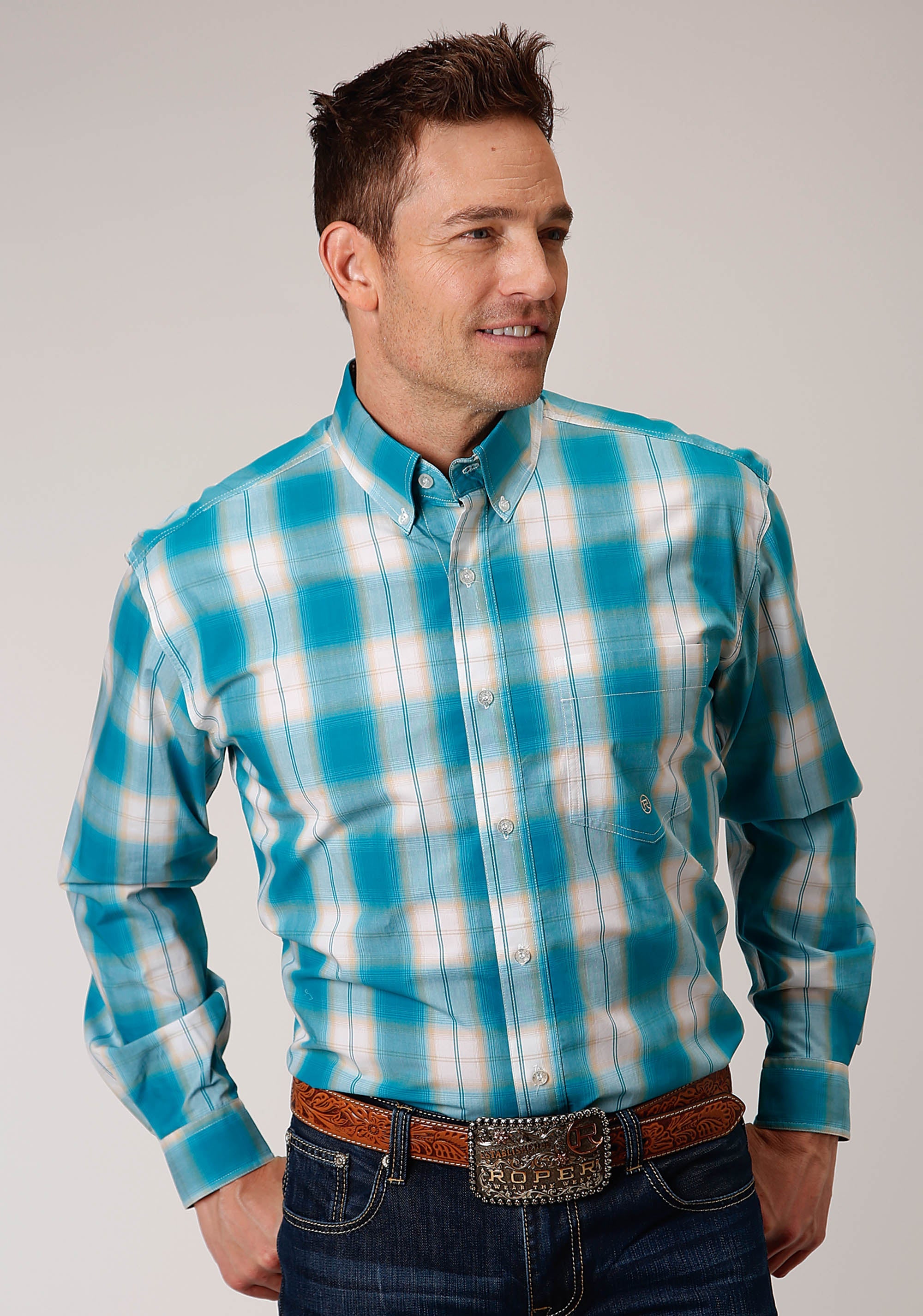 Roper Mens Long Sleeve Button Turquoise Sand Ombre Plaid Western Shirt