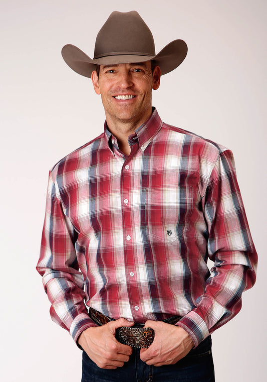 Roper Mens Long Sleeve Button Red Apple Plaid Western Shirt