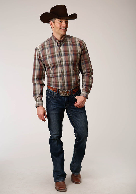 Roper Mens Long Sleeve Button Redwood Plaid Western Shirt - Flyclothing LLC