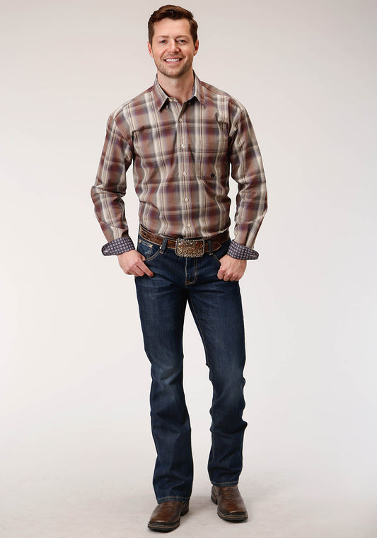 Roper Mens Long Sleeve Button Cider Plaid Western Shirt - Flyclothing LLC