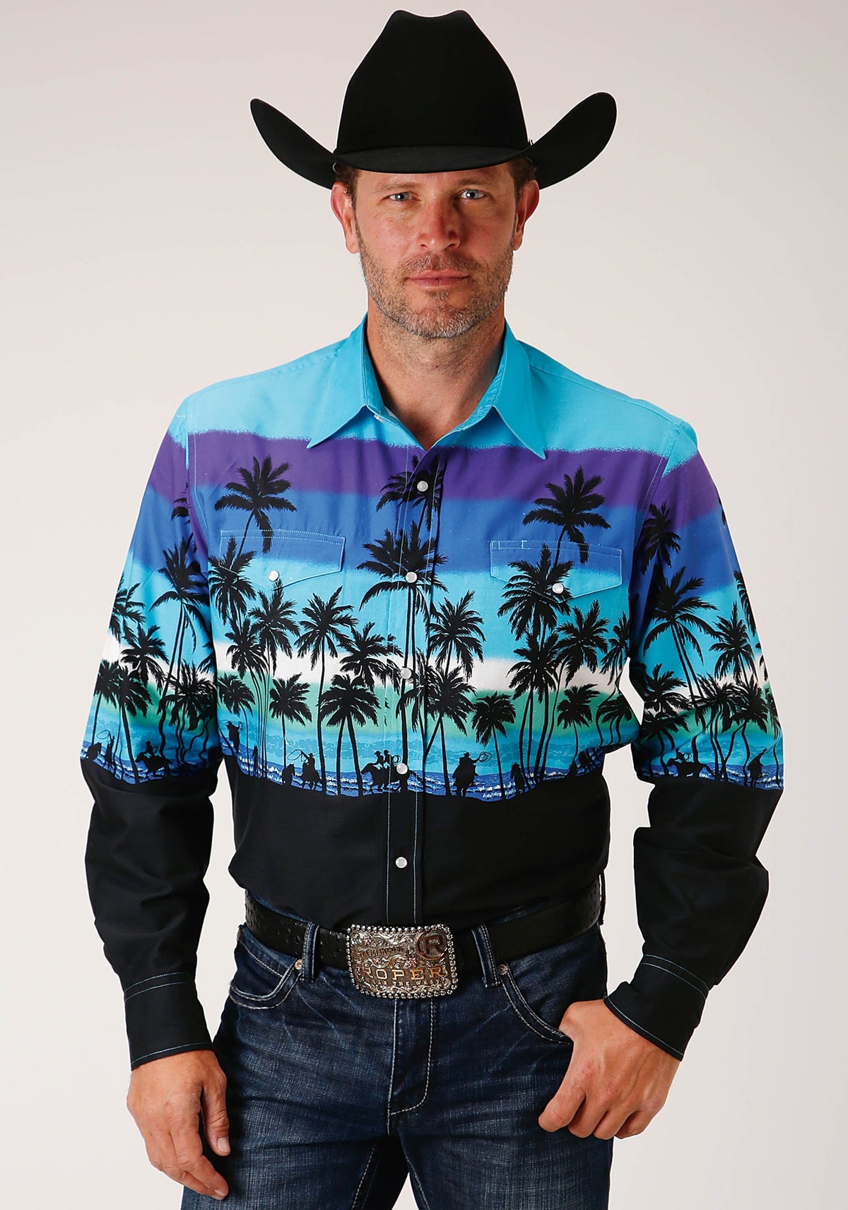 Roper Mens Long Sleeve Snap Beach Roundup Border Western Shirt