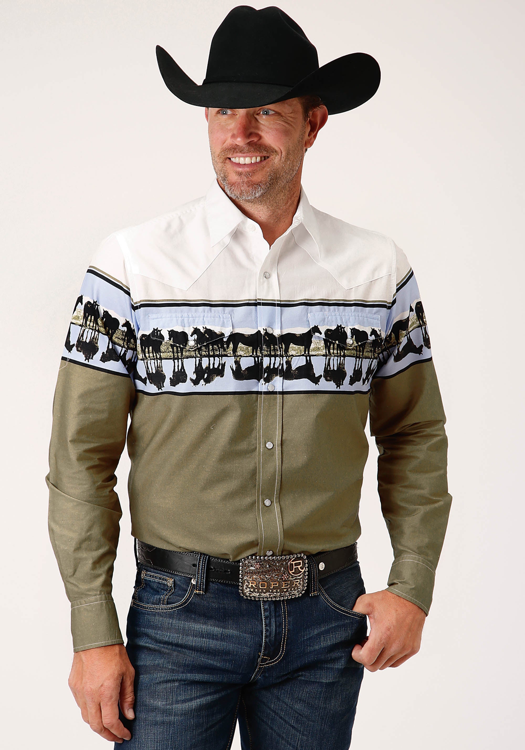 Roper Mens Long Sleeve Snap Waterside Reflection Border Western Shirt