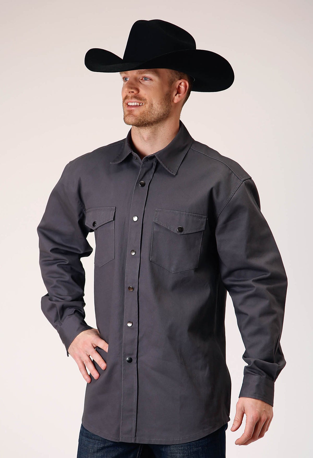 Roper Mens Long Sleeve Snap Brush Twill Charcoal Western Shirt