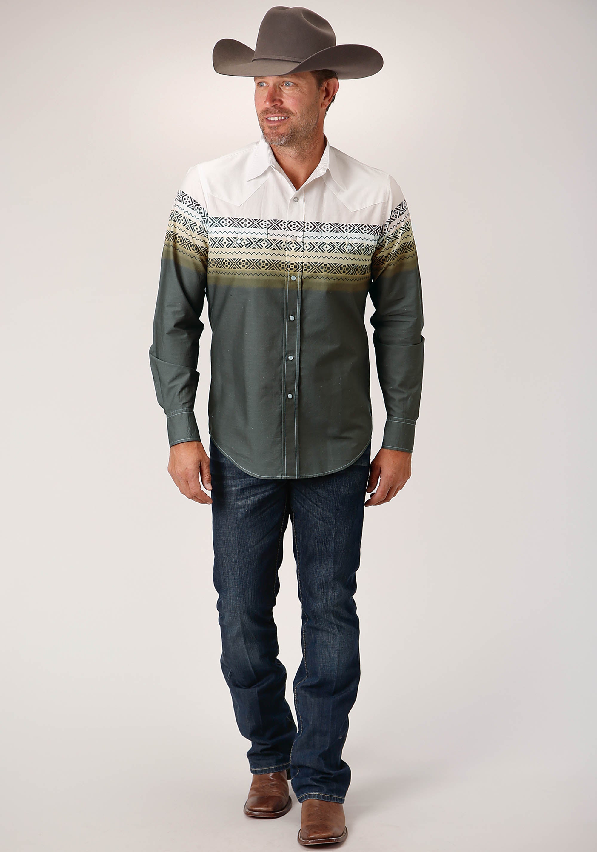 Roper Mens Long Sleeve Snap Aztec Rows Border Western Shirt - Flyclothing LLC