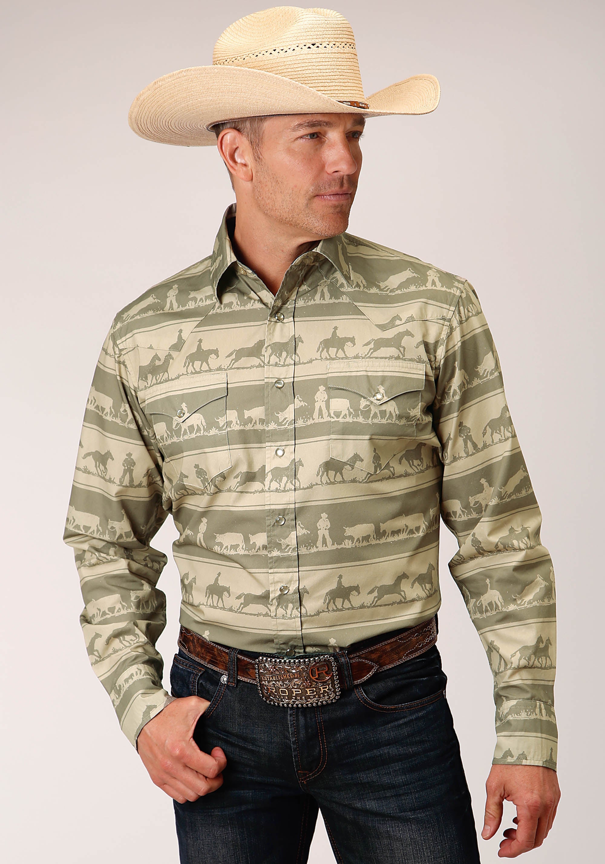 Roper Mens Long Sleeve Snap Cowboy Rugby Horizontal Print Western Shirt