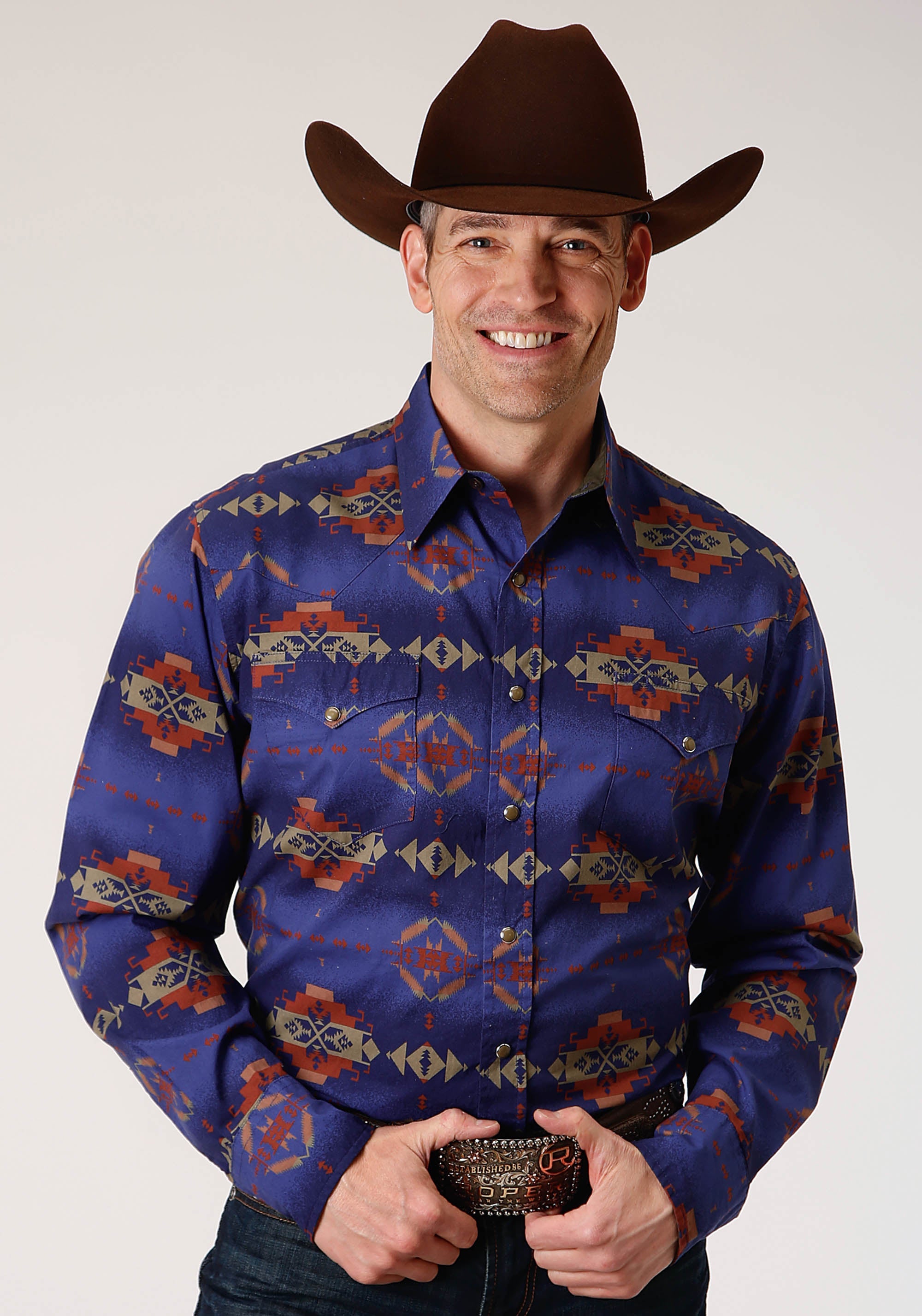 Roper Mens Long Sleeve Snap Night Aztec Print Western Shirt