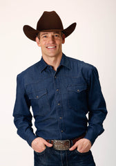 Roper Mens Long Sleeve Snap Dark Blue Denim Western Shirt