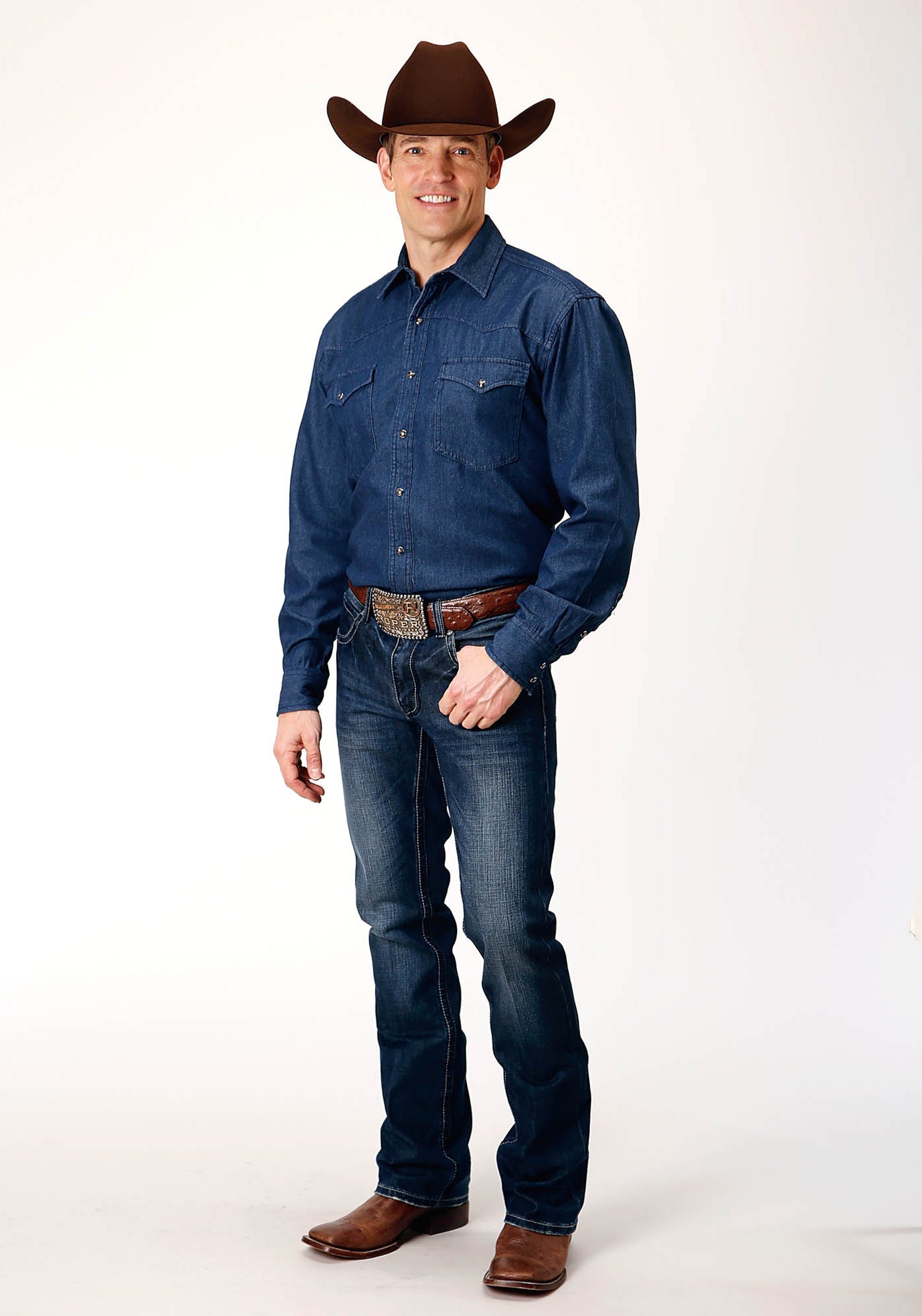 Roper Mens Long Sleeve Snap Dark Blue Denim Western Shirt - Flyclothing LLC