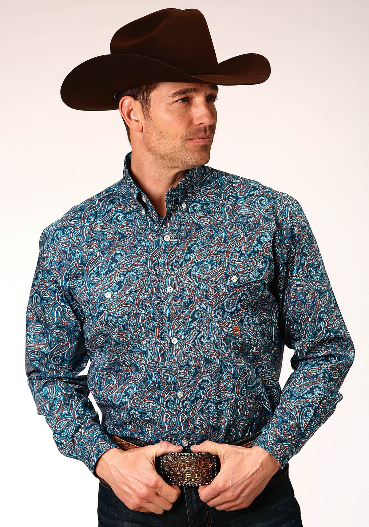 Roper Mens Long Sleeve Button Blue Canyon Paisley Western Shirt Tall Fit