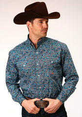 Roper Mens Long Sleeve Button Blue Canyon Paisley Western Shirt Tall Fit