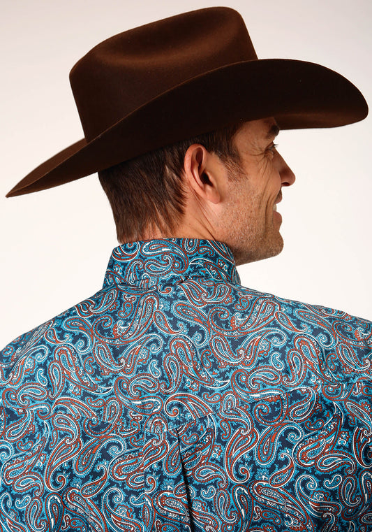 Roper Mens Long Sleeve Button Blue Canyon Paisley Western Shirt Tall Fit - Flyclothing LLC