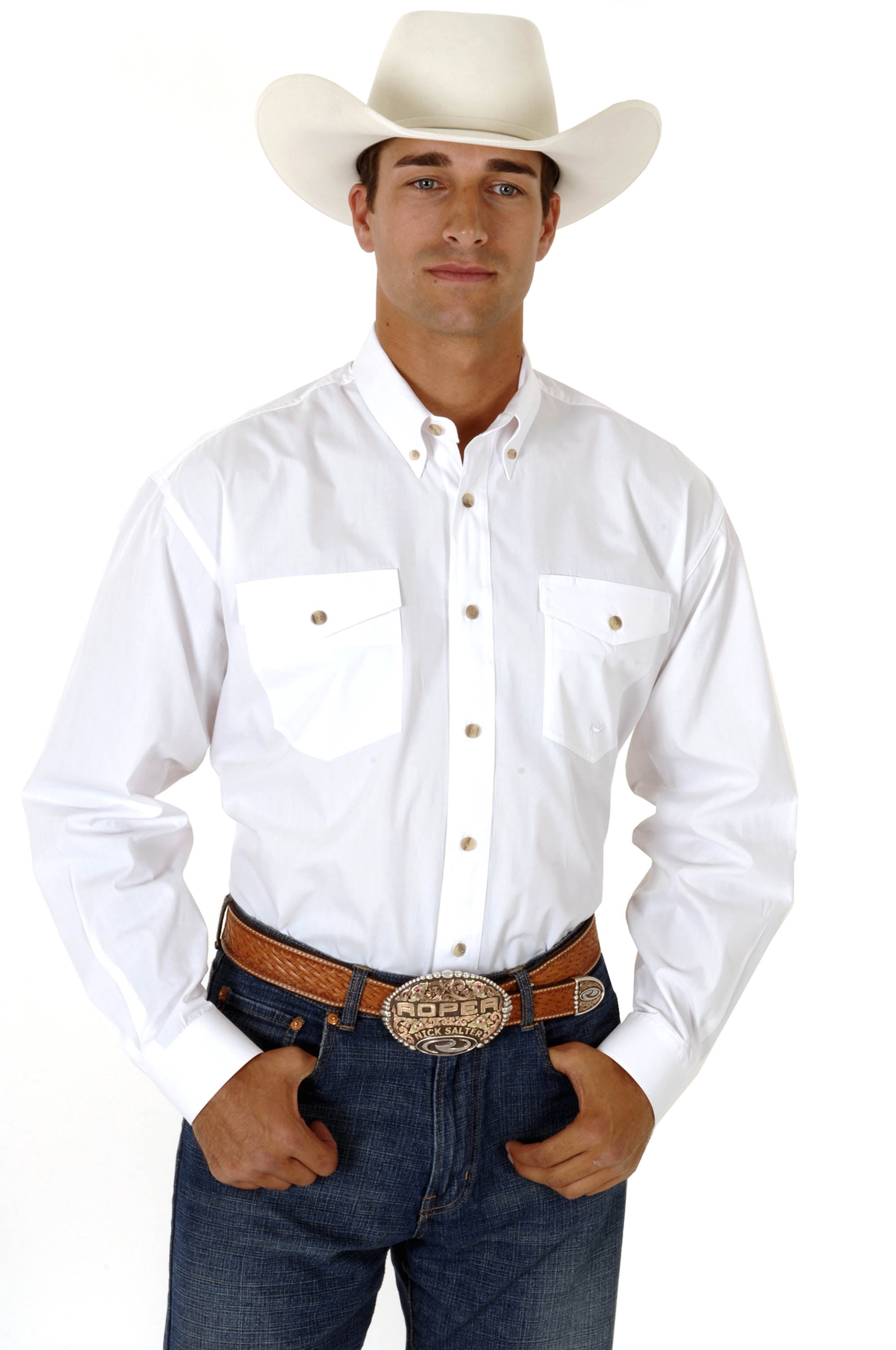 Roper Mens White Solid Long Sleeve Western Button Shirt Tall Fit