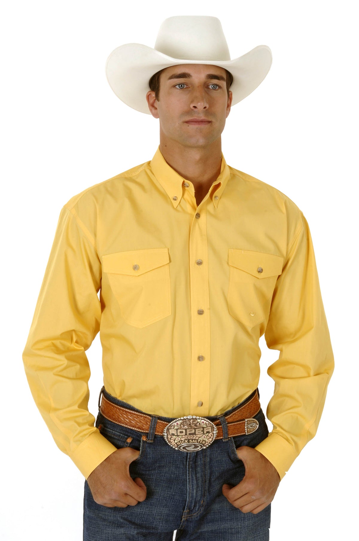Roper Mens Yellow Solid Long Sleeve Western Button Shirt Tall Fit