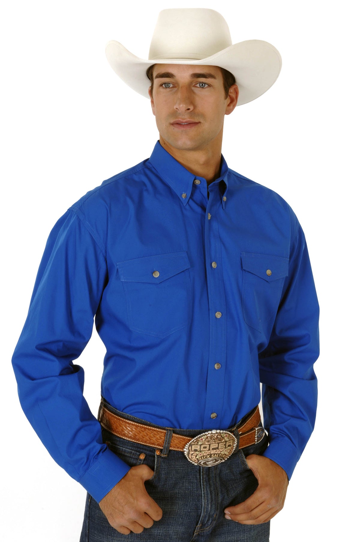 Roper Mens Blue Solid Long Sleeve Western Button Shirt Tall Fit