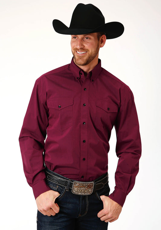 Roper Mens Long Sleeve Button Solid Black Fill Wine Western Shirt Tall Fit