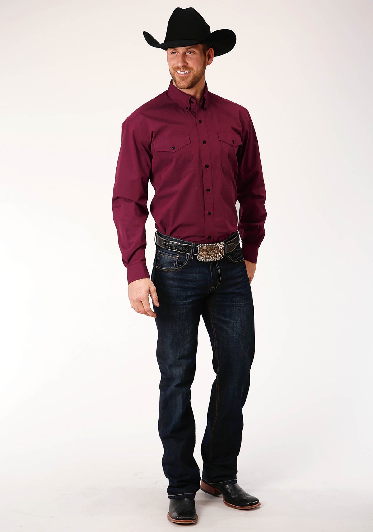 Roper Mens Long Sleeve Button Solid Black Fill Wine Western Shirt Tall Fit - Flyclothing LLC