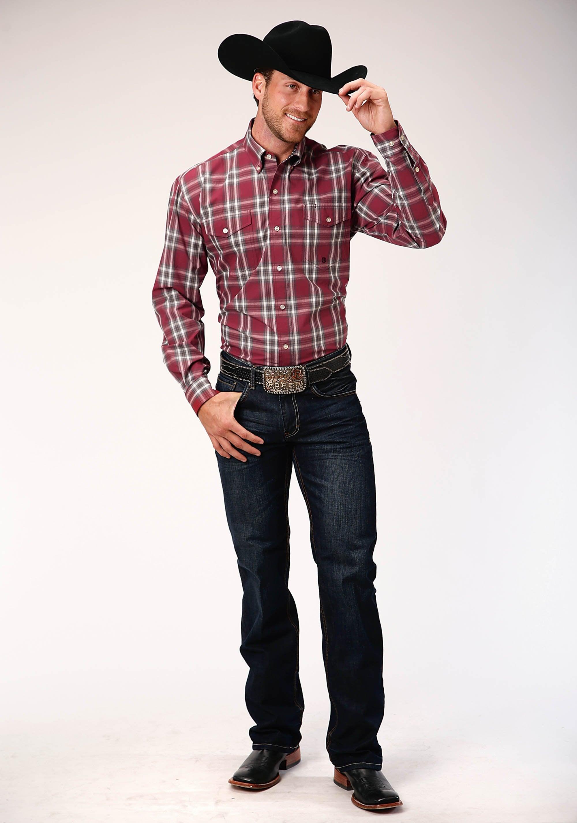 ROPER MENS RED WHITE AND BROWN PLAID LONG SLEEVE BUTTON WESTERN SHIRT TALL FIT - Flyclothing LLC