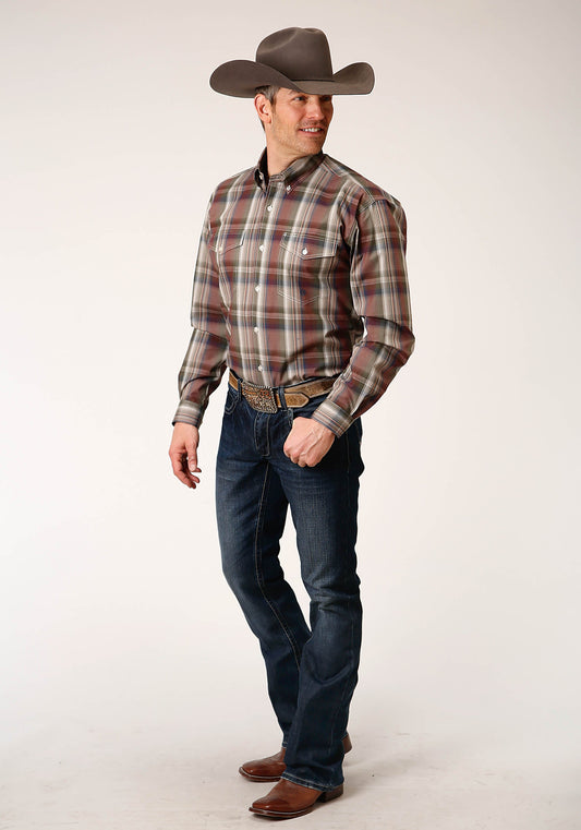 Roper Mens Long Sleeve Button Redwood Plaid Western Shirt Tall Fit - Flyclothing LLC