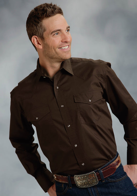 Roper Mens Brown Solid Long Sleeve Western Snap Shirt Tall Fit