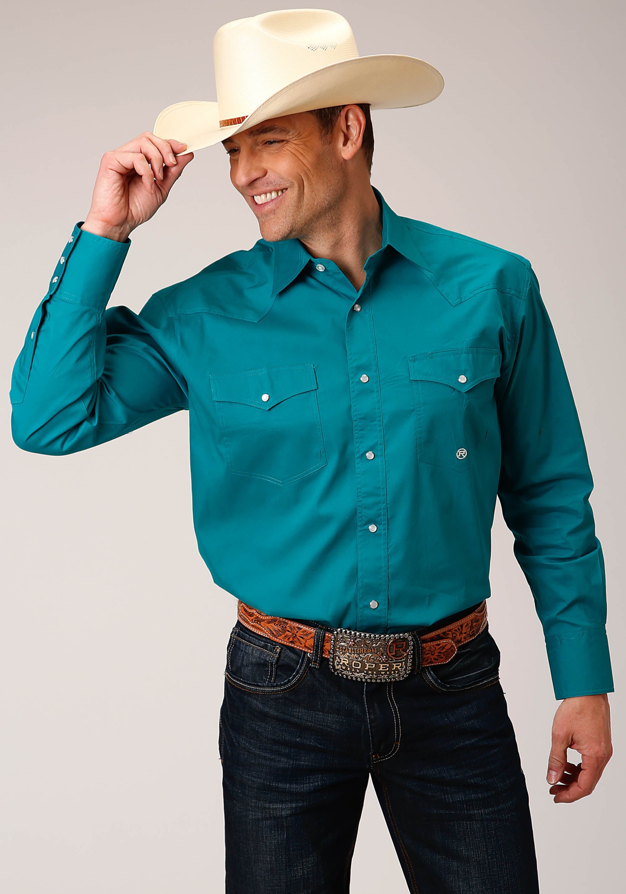 Roper Mens Long Sleeve Snap Solid Poplin Stretch Turquoise Western Shirt Tall Fit