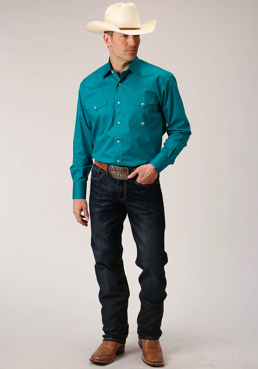 Roper Mens Long Sleeve Snap Solid Poplin Stretch Turquoise Western Shirt Tall Fit - Flyclothing LLC