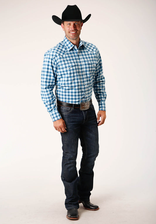 Roper Mens Long Sleeve Snap New Stretch Check Blue Western Shirt Tall Fit - Flyclothing LLC