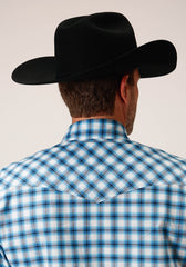 Roper Mens Long Sleeve Snap New Stretch Check Blue Western Shirt Tall Fit - Flyclothing LLC