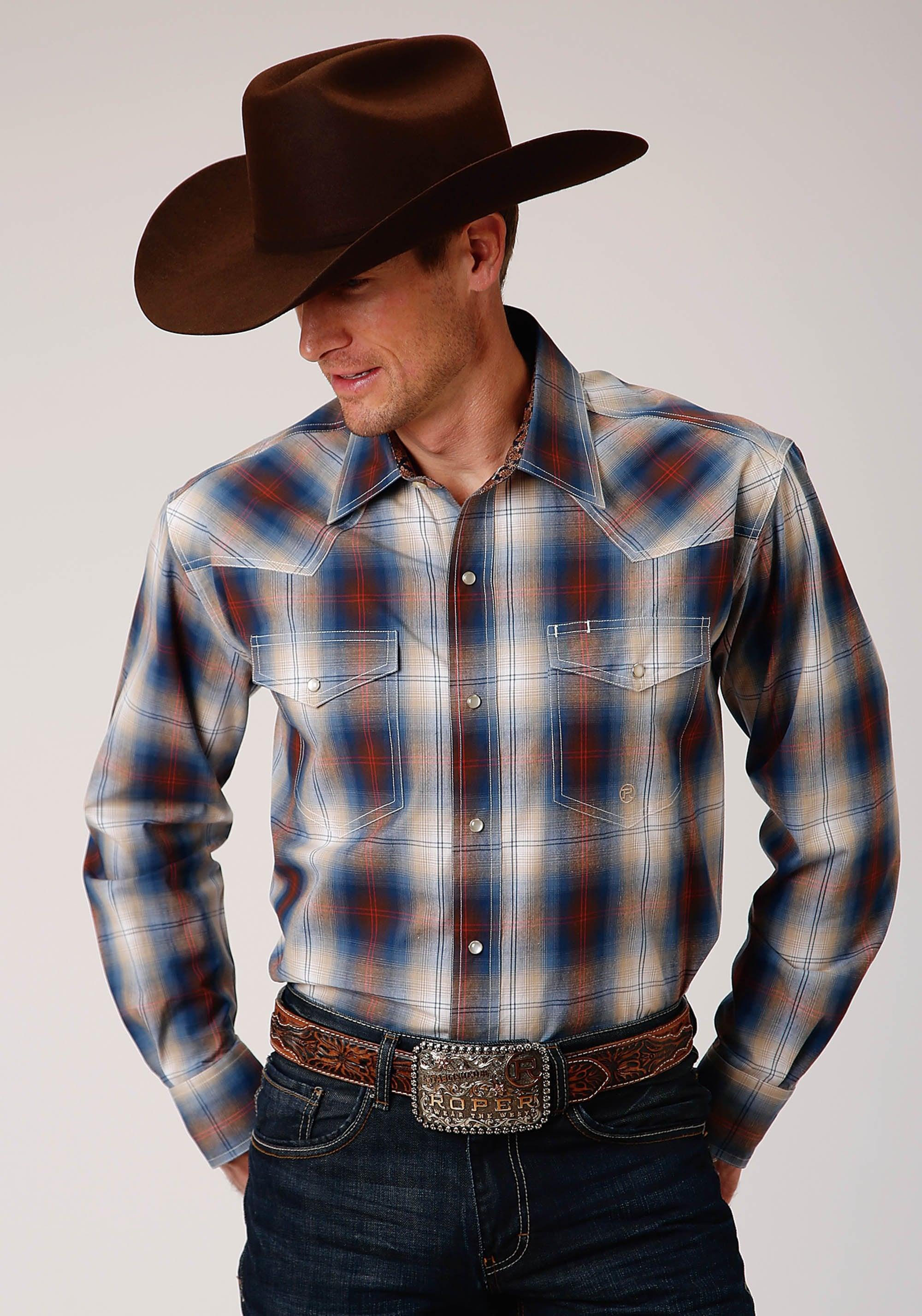 ROPER MENS BROWN BLUE AND WHITE PLAID LONG SLEEVE SNAP WESTERN SHIRT TALL FIT - Flyclothing LLC