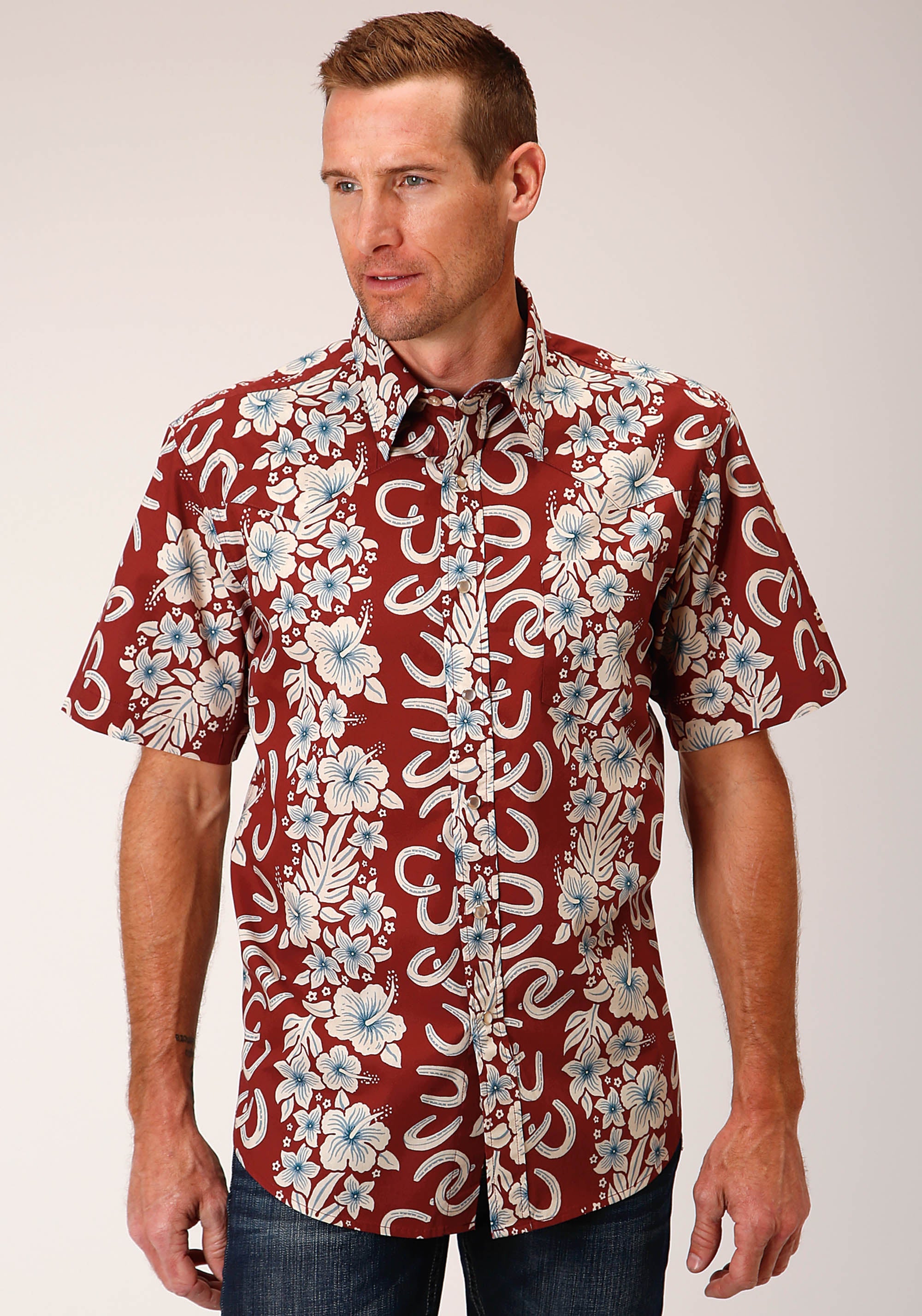 Roper Mens Short Sleeve Snap Hawaiian Horseshoes Print Western Shirt