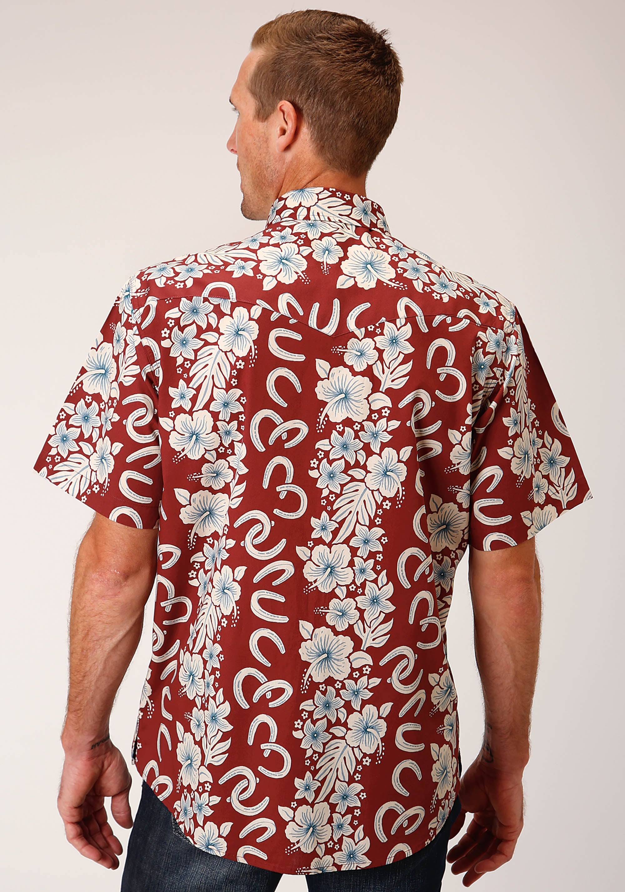 Roper Mens Short Sleeve Snap Hawaiian Horseshoes Print Western Shirt - Flyclothing LLC