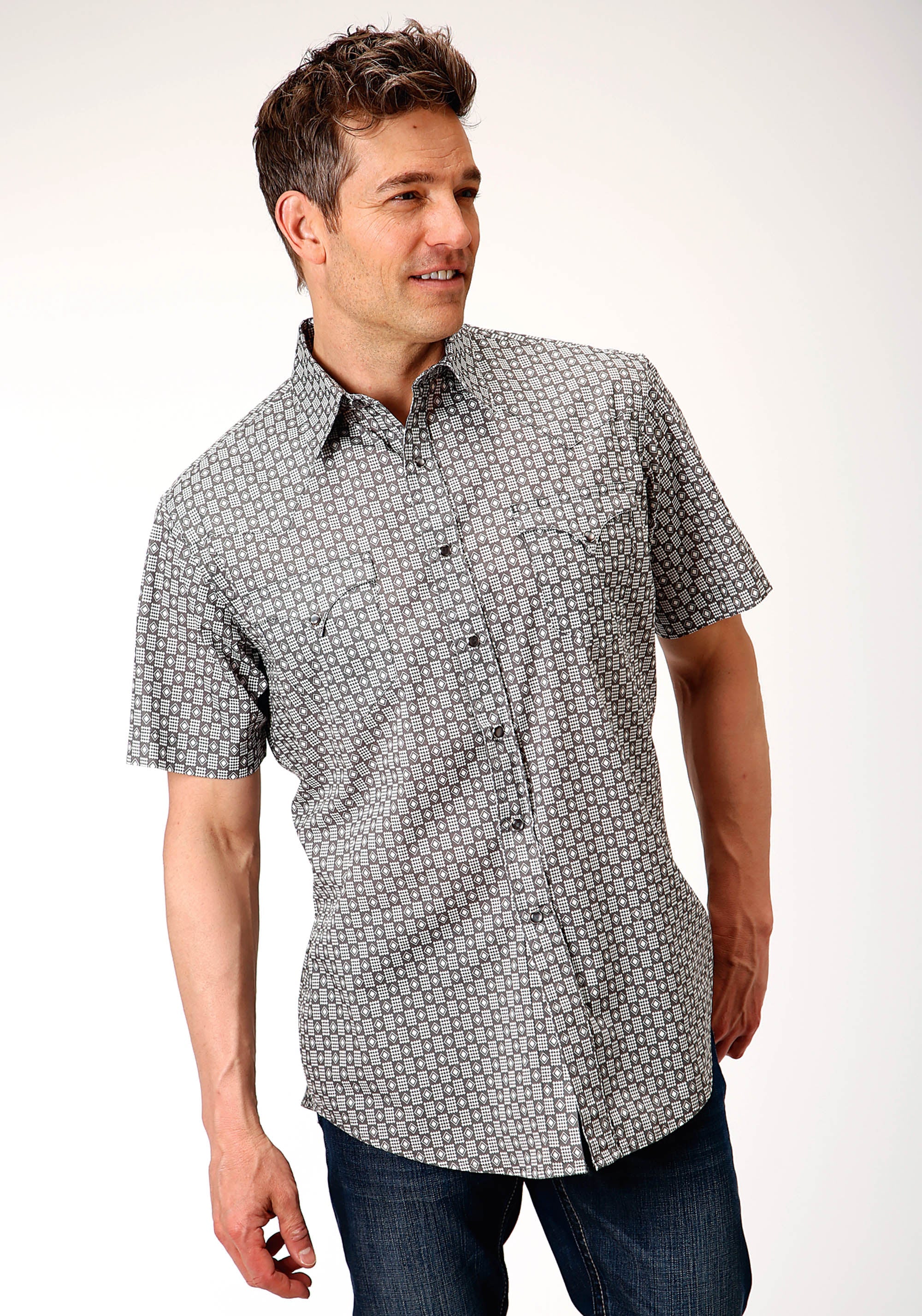 Roper Mens Short Sleeve Snap Checked Diamonds Print Western Shirt