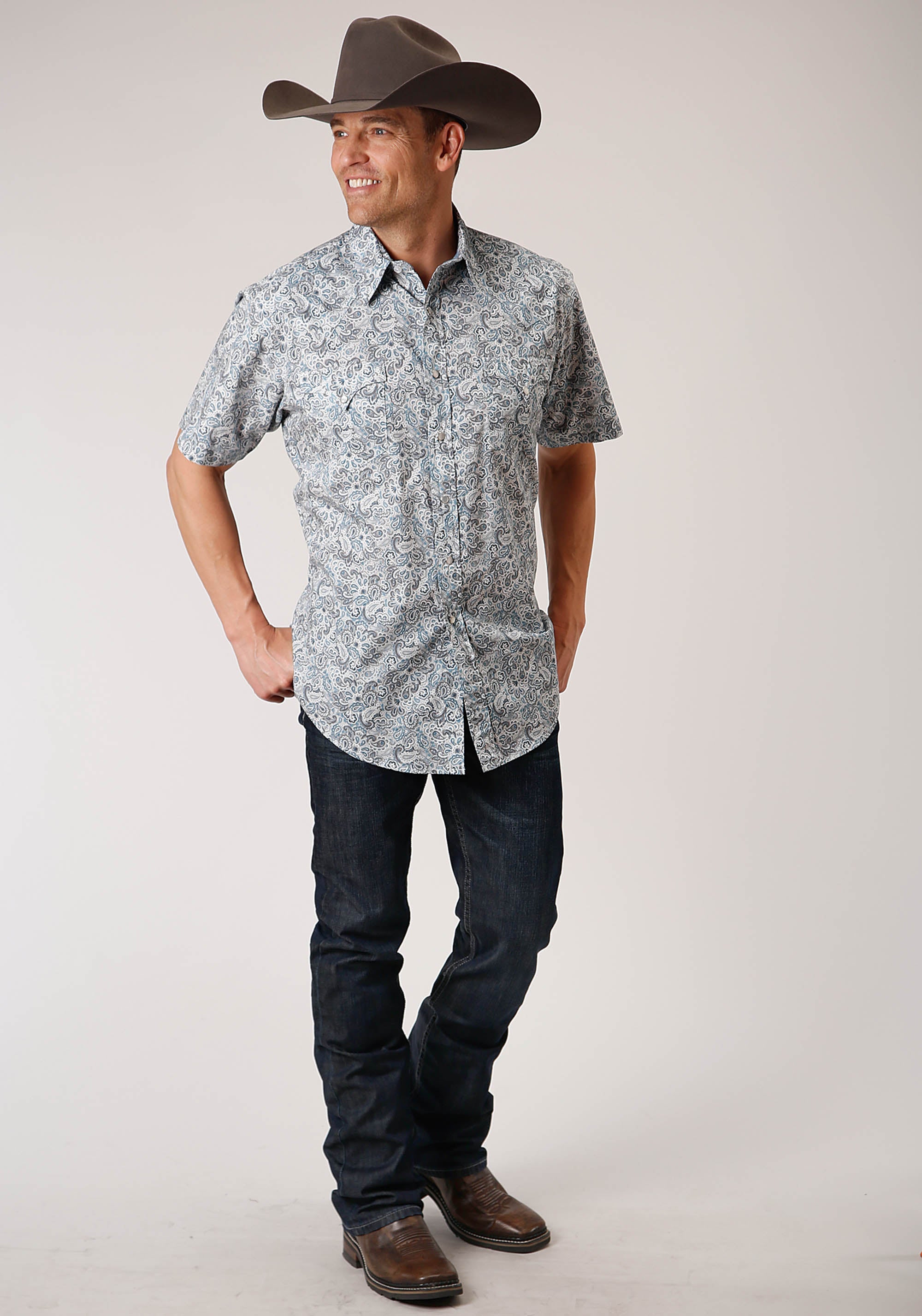 Roper Mens Short Sleeve Snap Vintage Paisley Print Western Shirt - Flyclothing LLC