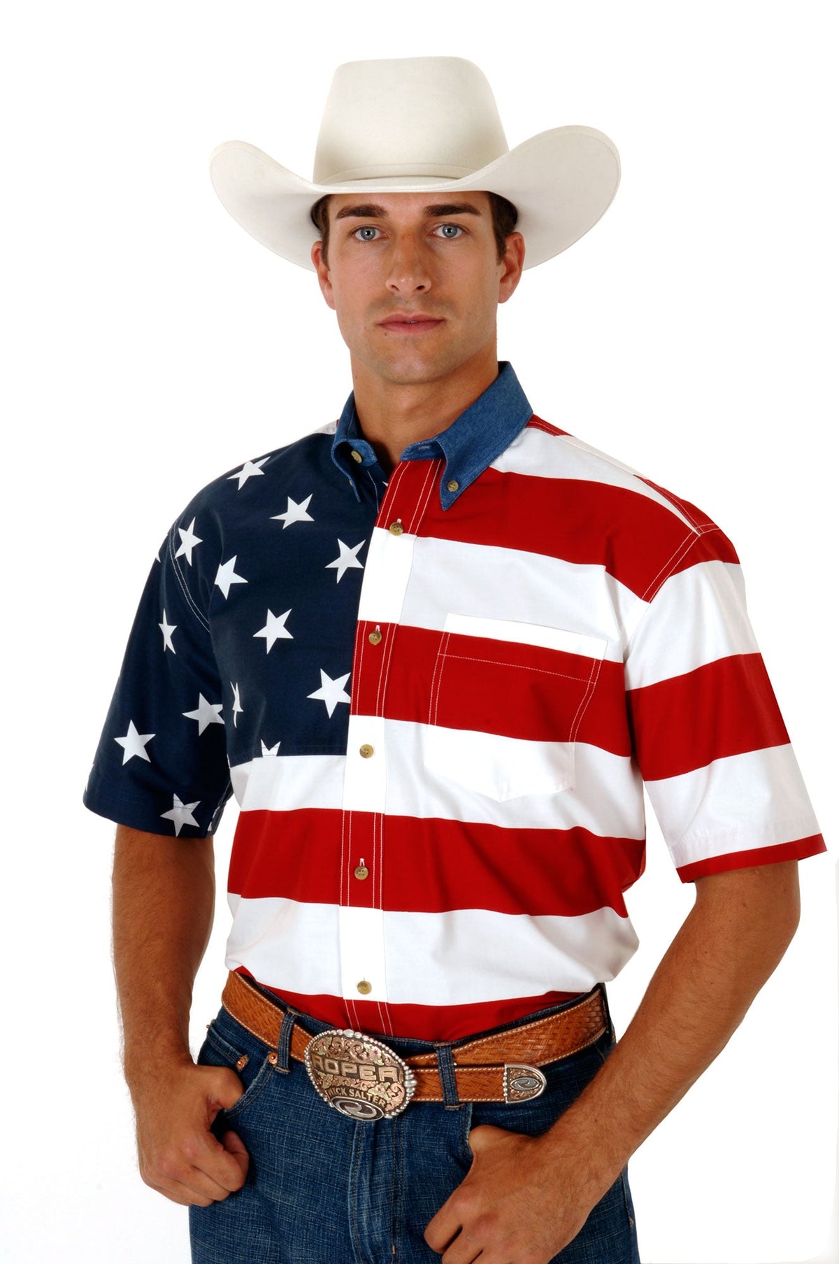 Roper Mens Red White And Blue Stars And Stripes Pieced American Flag Short Sleeve Western Snap Shirt