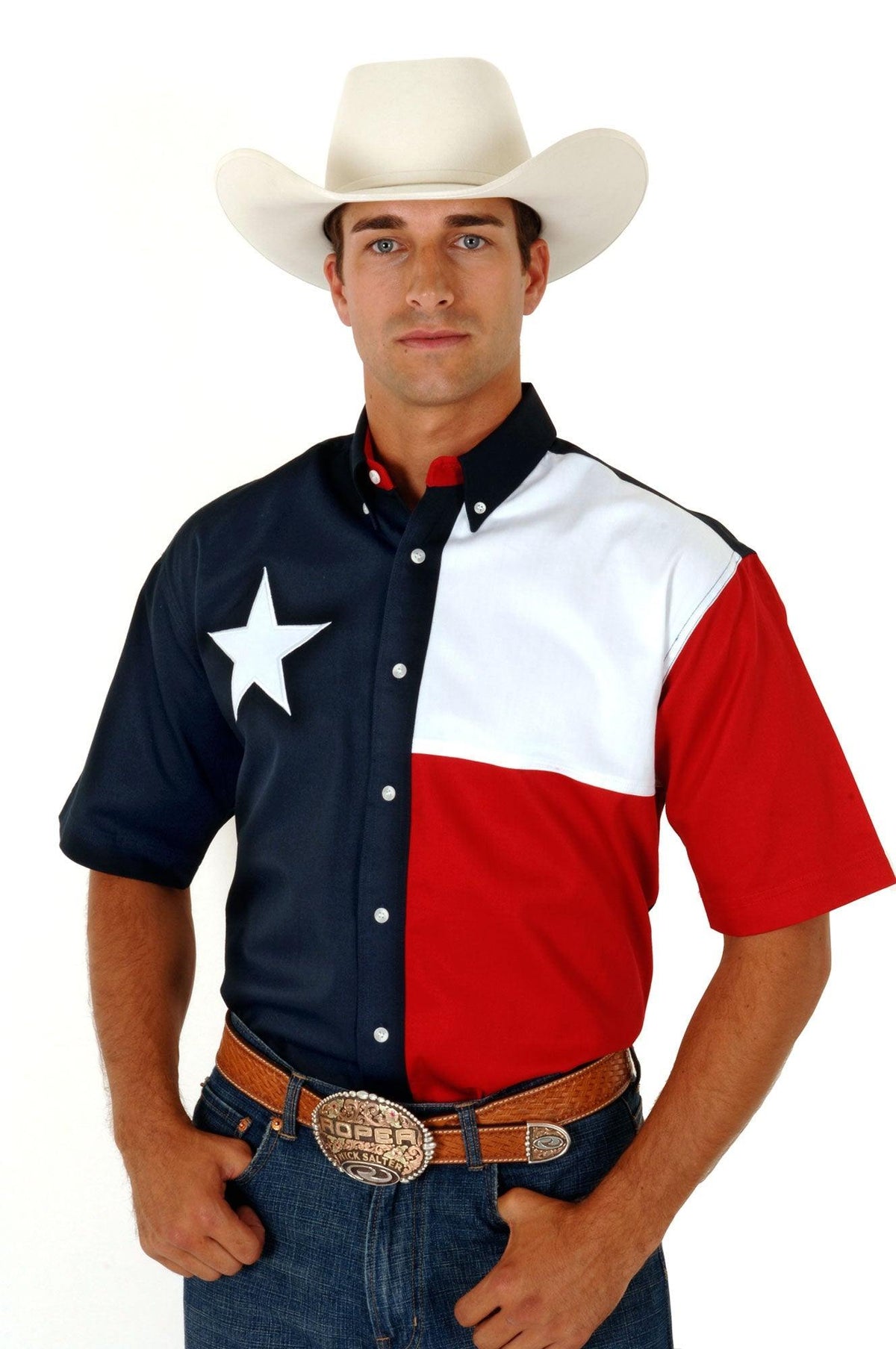 Roper Mens Red White And Blue Pieced Texas Flag Short Sleeve Western Snap Shirt