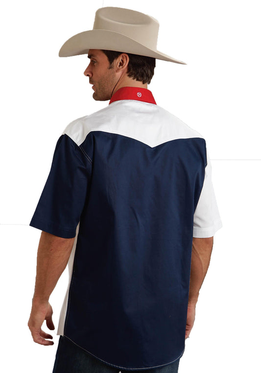 Roper Mens Red White And Blue Colorblocked Pieced Short Sleeve Western Snap Shirt - Flyclothing LLC