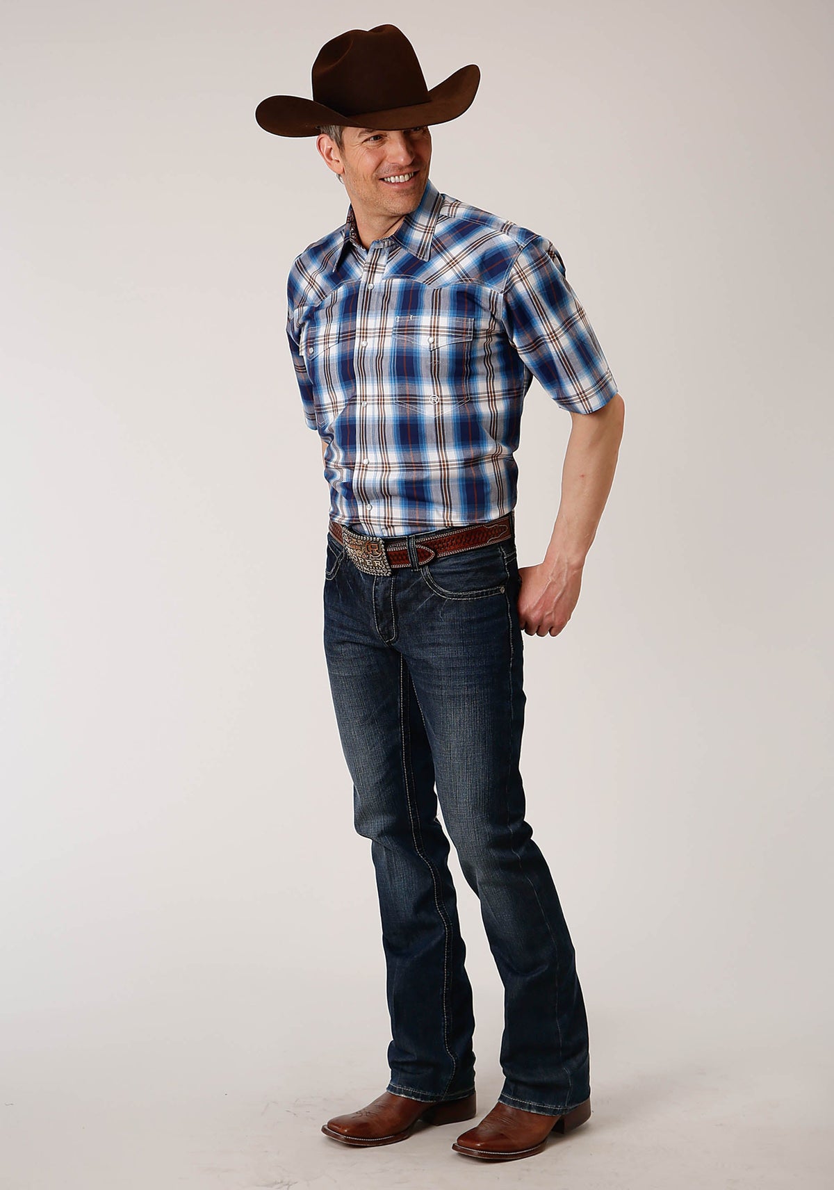 Roper Mens Short Sleeve Snap Royal Plaid Western Shirt - Flyclothing LLC